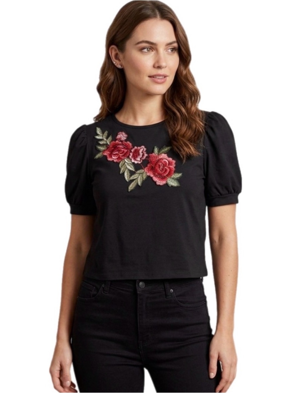 L gaze Women’s Black Puff-Sleeve Cropped Tee with Red Rose Floral Embroidery
